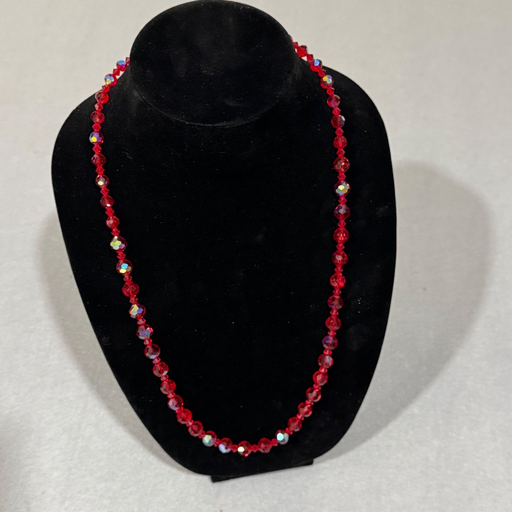Vintage Red AB Glass Beaded Necklace Women Red Iridescent Faceted 26 Inch